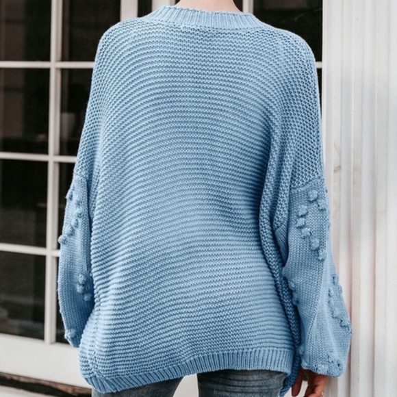 040 Cozy Blue Heart Pom Open Front Cardigan - Picture 5 of 7